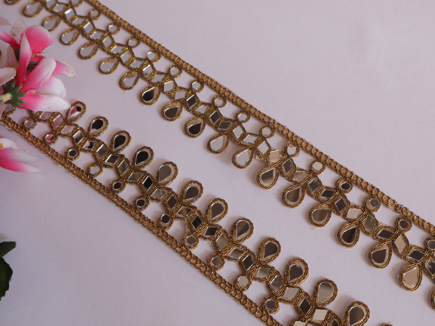 Golden Suspended Mirror Trim, Symmetric Cutwork Sari Border - 3 Yards Long