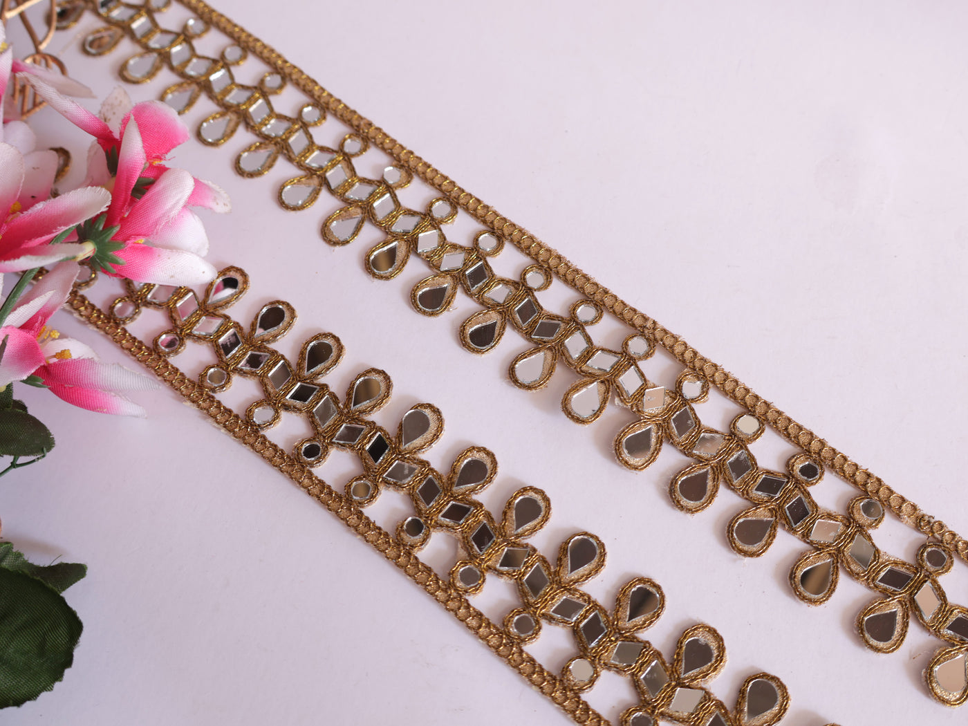 Golden Suspended Mirror Trim, Symmetric Cutwork Sari Border - 3 Yards Long