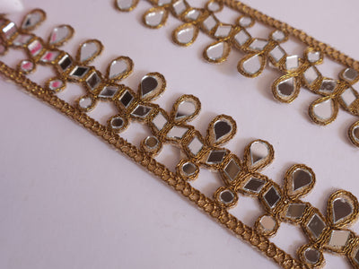 Golden Suspended Mirror Trim, Symmetric Cutwork Sari Border - 3 Yards Long