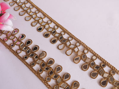 Golden Suspended Mirror Trim, Symmetric Cutwork Sari Border - 3 Yards Long