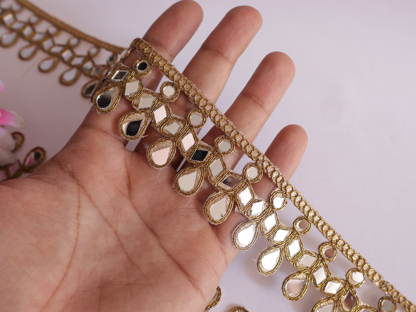 Golden Suspended Mirror Trim, Symmetric Cutwork Sari Border - 3 Yards Long