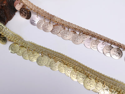 9 Yards- Golden Suspended Coins Beaded Trim 3cm Wide