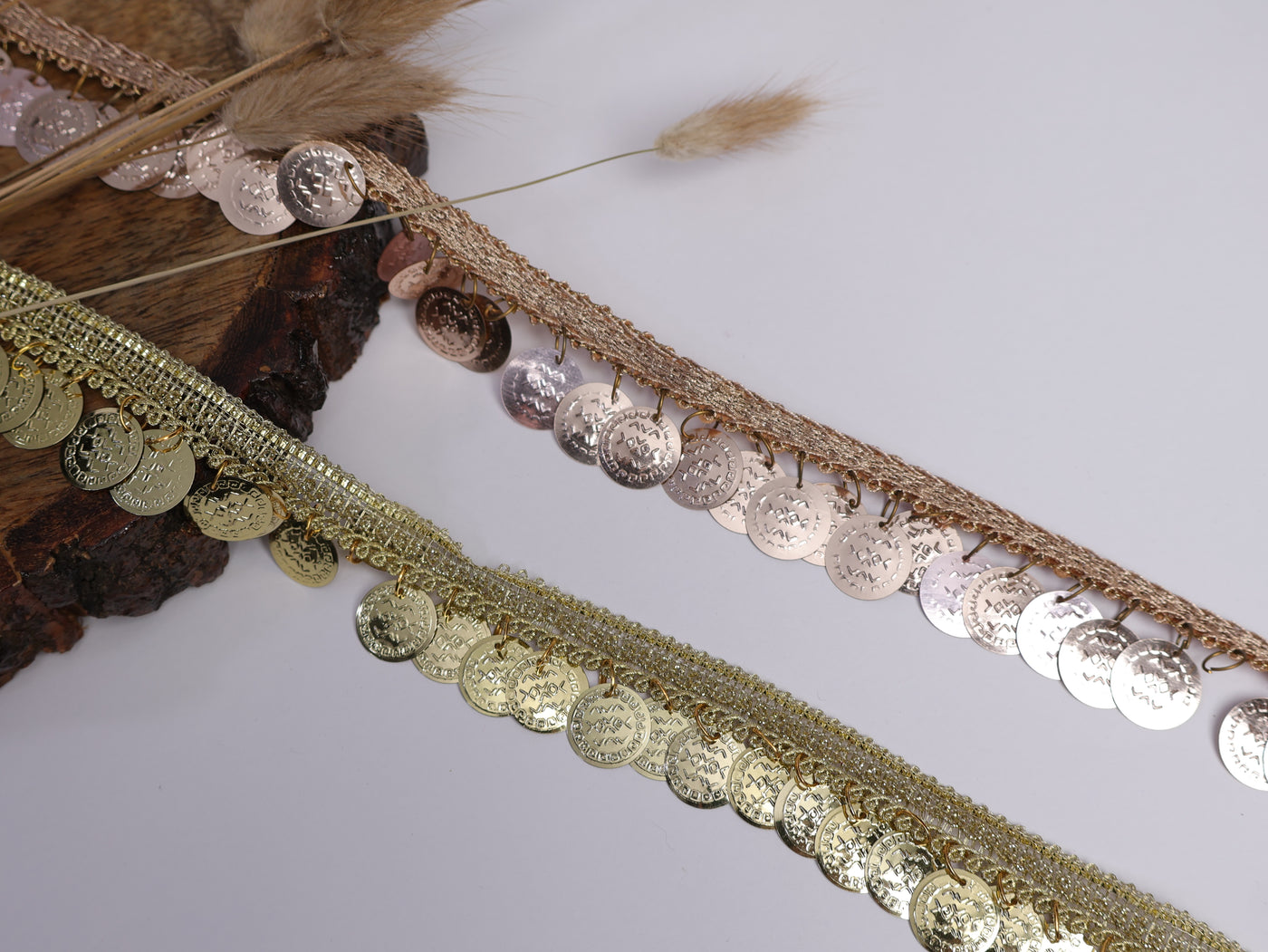 9 Yards- Golden Suspended Coins Beaded Trim 3cm Wide