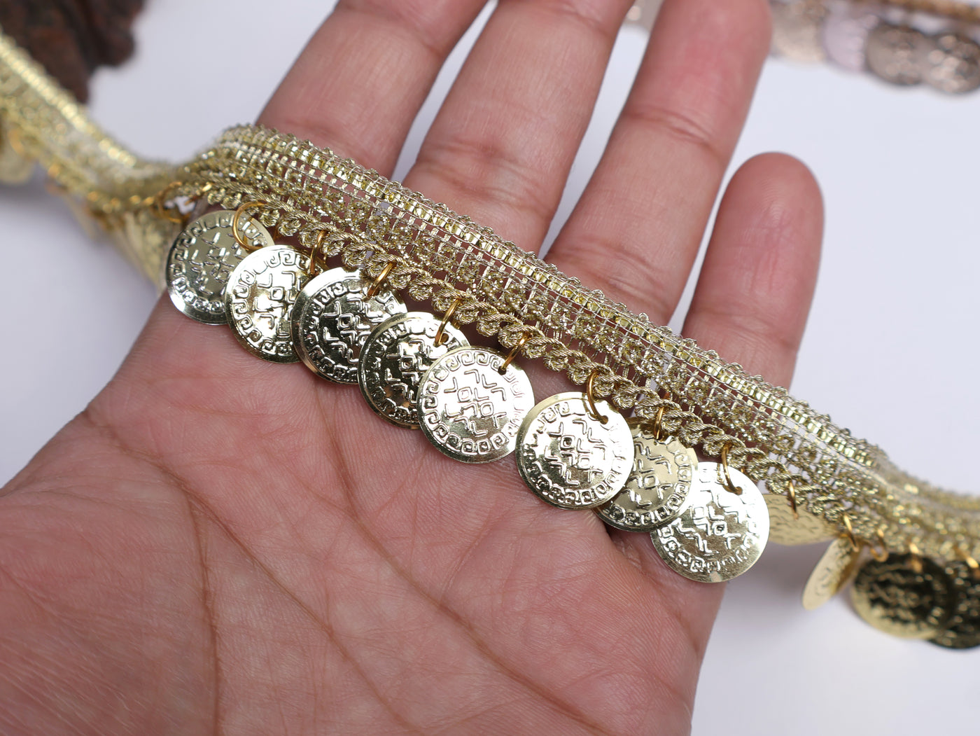 9 Yards- Golden Suspended Coins Beaded Trim 3cm Wide