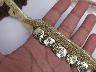 9 Yards- Golden Suspended Coins Beaded Trim 3cm Wide