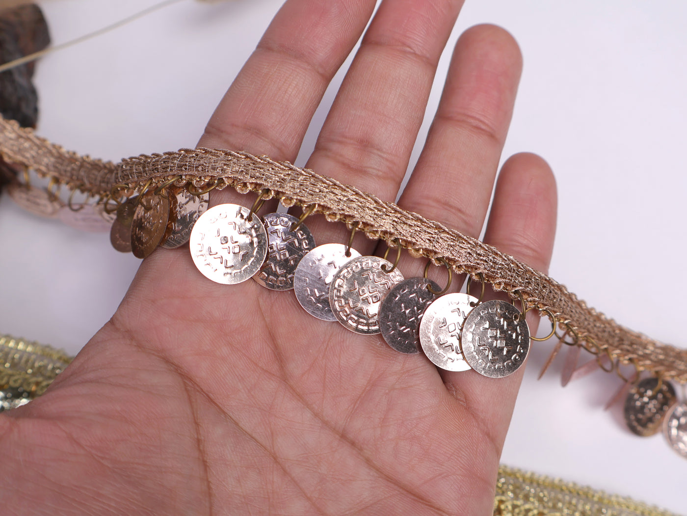 9 Yards- Golden Suspended Coins Beaded Trim 3cm Wide