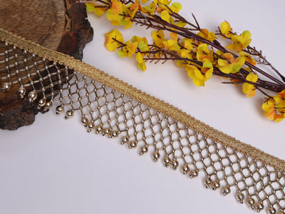 2 Yards - Antique Gold Knitted Pearl & Glass Beads Tassel Lace