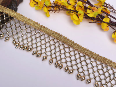 2 Yards - Antique Gold Knitted Pearl & Glass Beads Tassel Lace