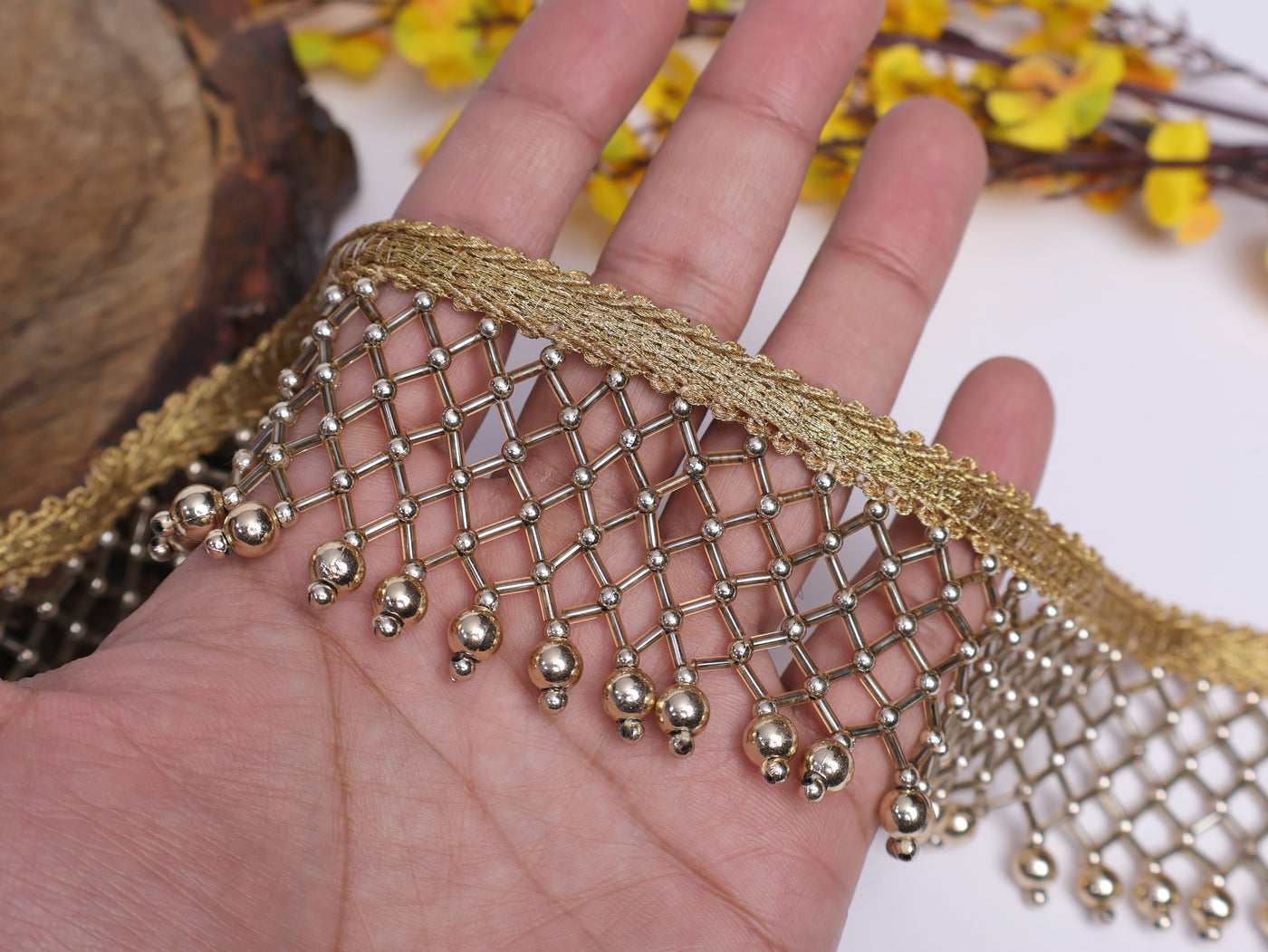 2 Yards - Antique Gold Knitted Pearl & Glass Beads Tassel Lace