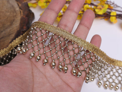 2 Yards - Antique Gold Knitted Pearl & Glass Beads Tassel Lace