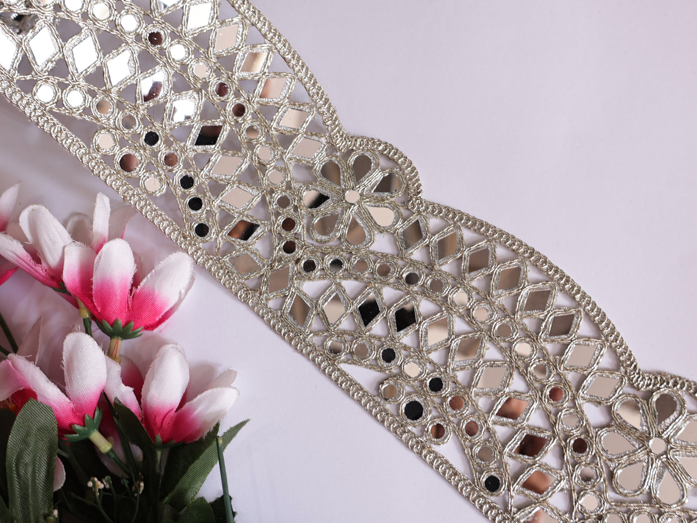 Beautiful Silver Scalloped Designer Mirror Trim Lace by Yard
