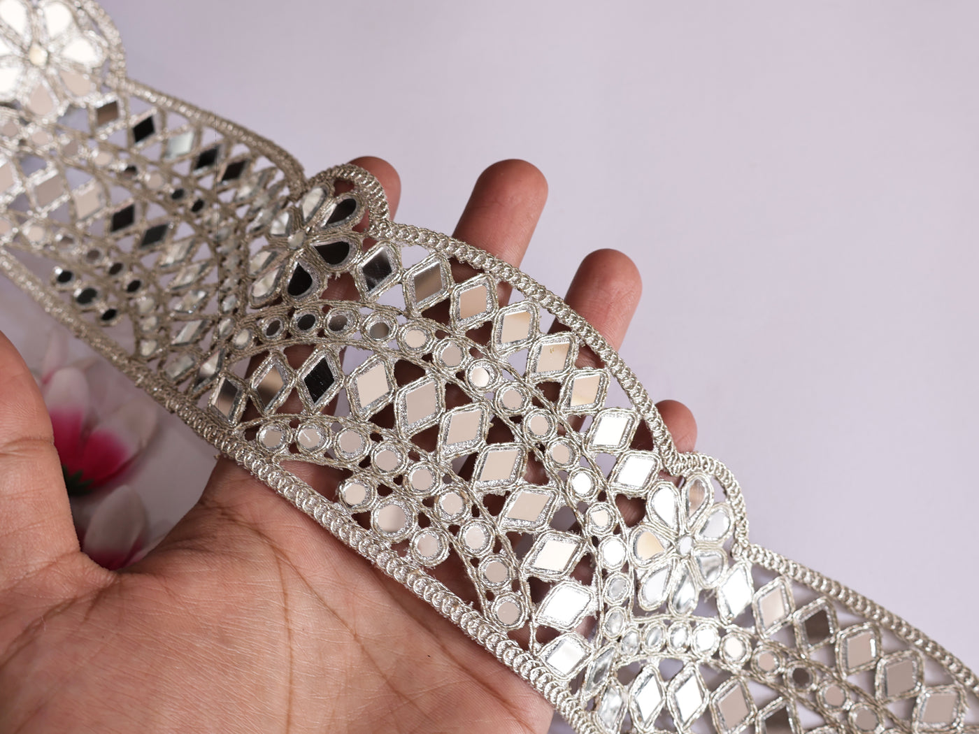 Beautiful Silver Scalloped Designer Mirror Trim Lace by Yard