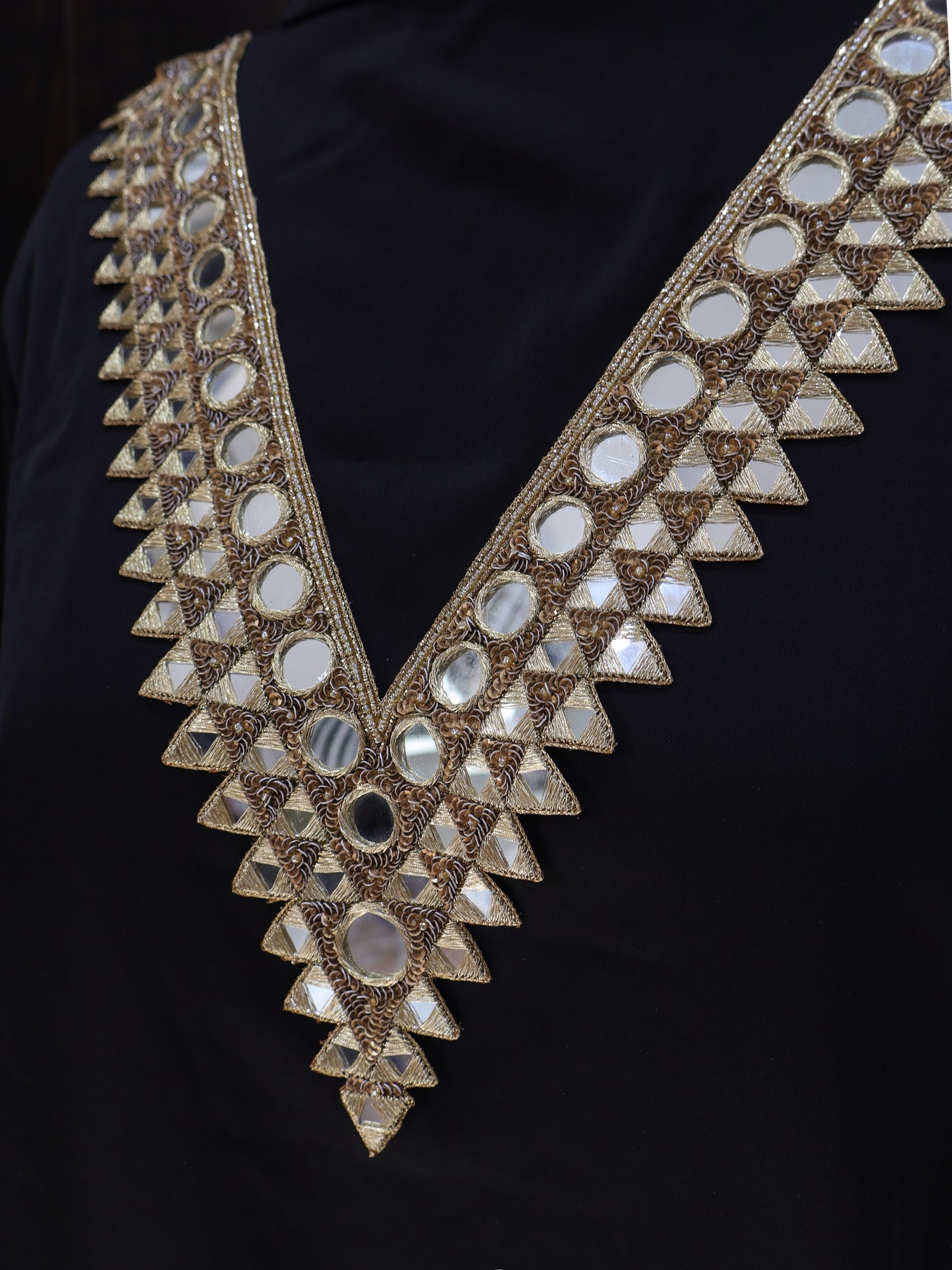 V Shape Sequin & Mirror Embellished Neckline Patch with Sleeves