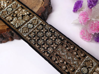 9 Yards - Black & Gold Zari Sequin Lace, Beautiful Sari Border