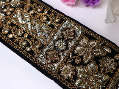 9 Yards - Black & Gold Zari Sequin Lace, Beautiful Sari Border
