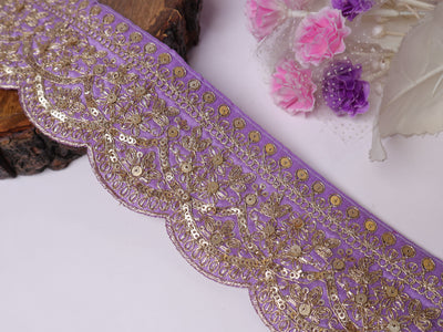 9 Yards - Light Purple & Golden Zari Embroidered Indian Sari Lace