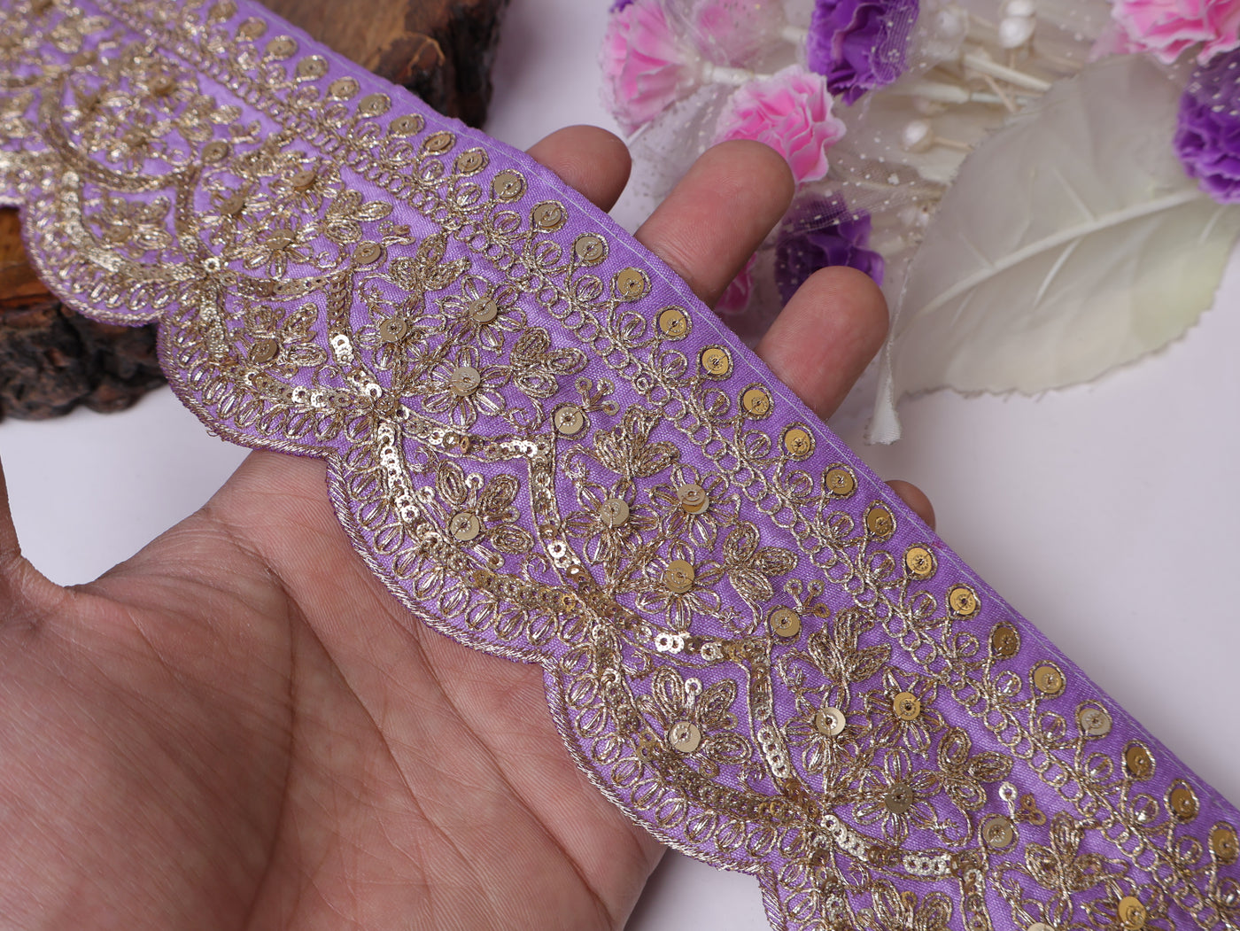 9 Yards - Light Purple & Golden Zari Embroidered Indian Sari Lace