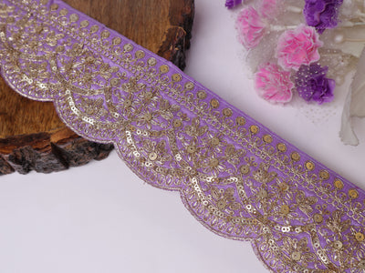 9 Yards - Light Purple & Golden Zari Embroidered Indian Sari Lace