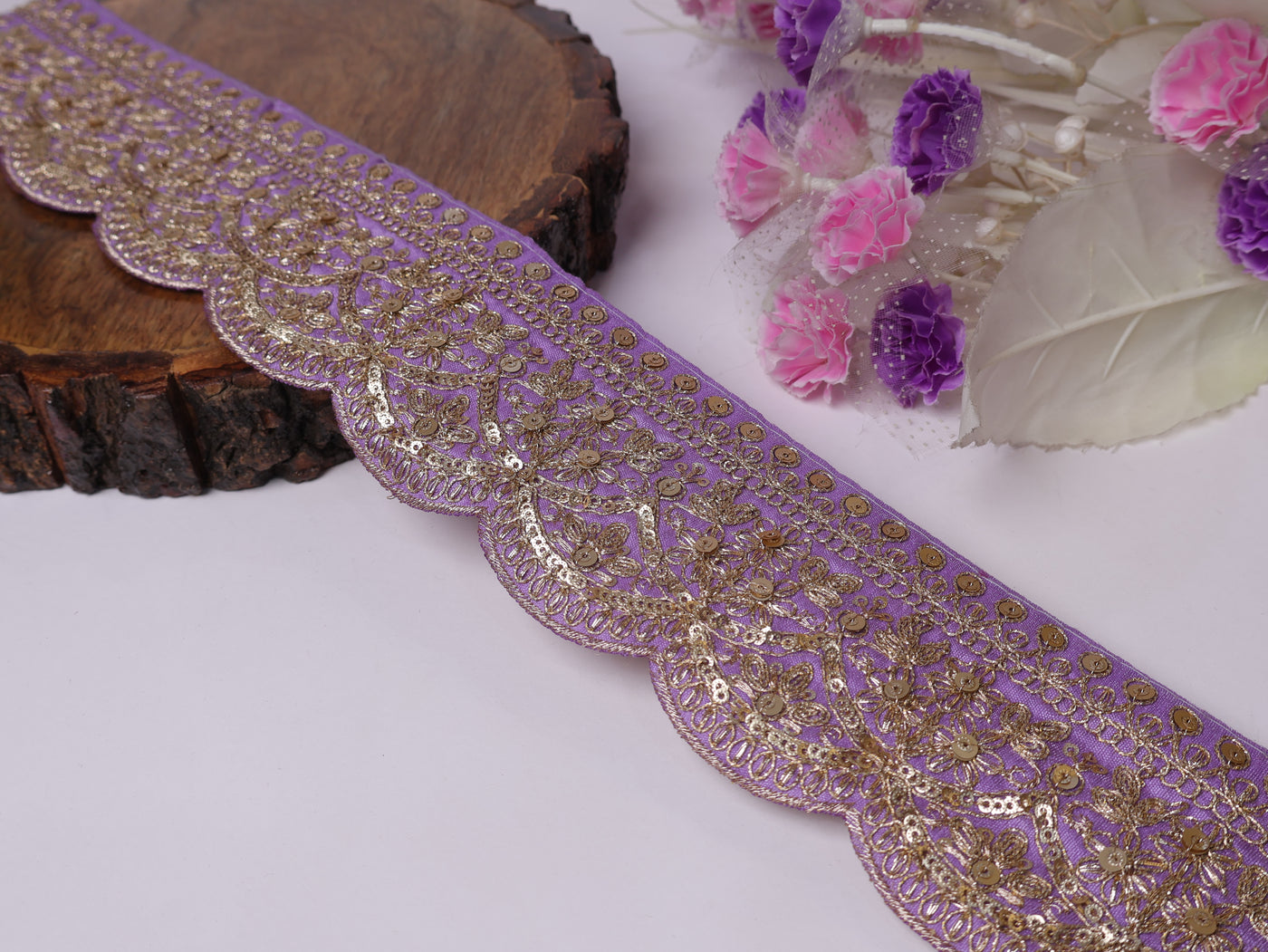 9 Yards - Light Purple & Golden Zari Embroidered Indian Sari Lace