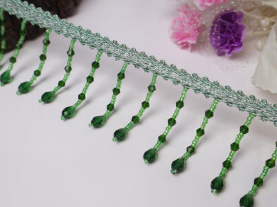 4 Yards - Ruby Green Suspended Crystal Beads Trim 6cm Wide