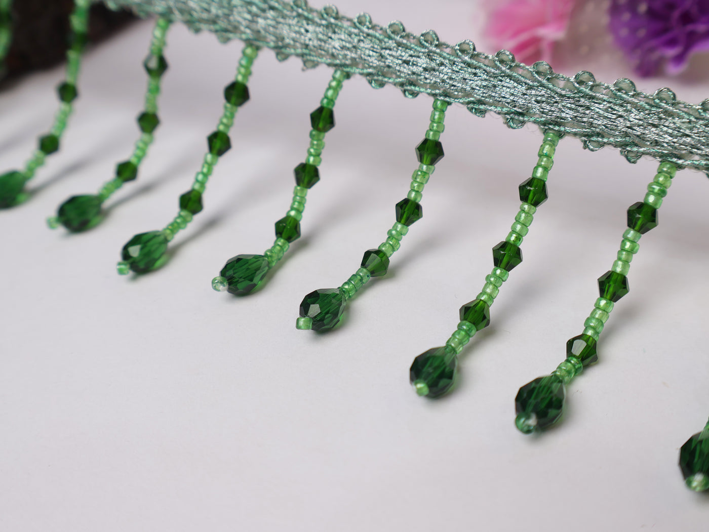 4 Yards - Ruby Green Suspended Crystal Beads Trim 6cm Wide