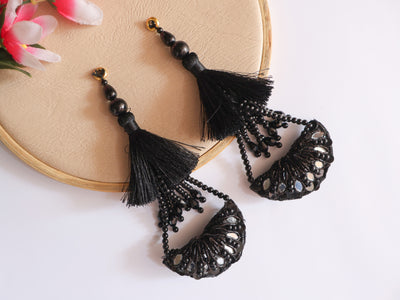 Matt Black Beaded Tassel Latkan with Sequin & Crystal - 1 Pair