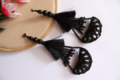 Matt Black Beaded Tassel Latkan with Sequin & Crystal - 1 Pair