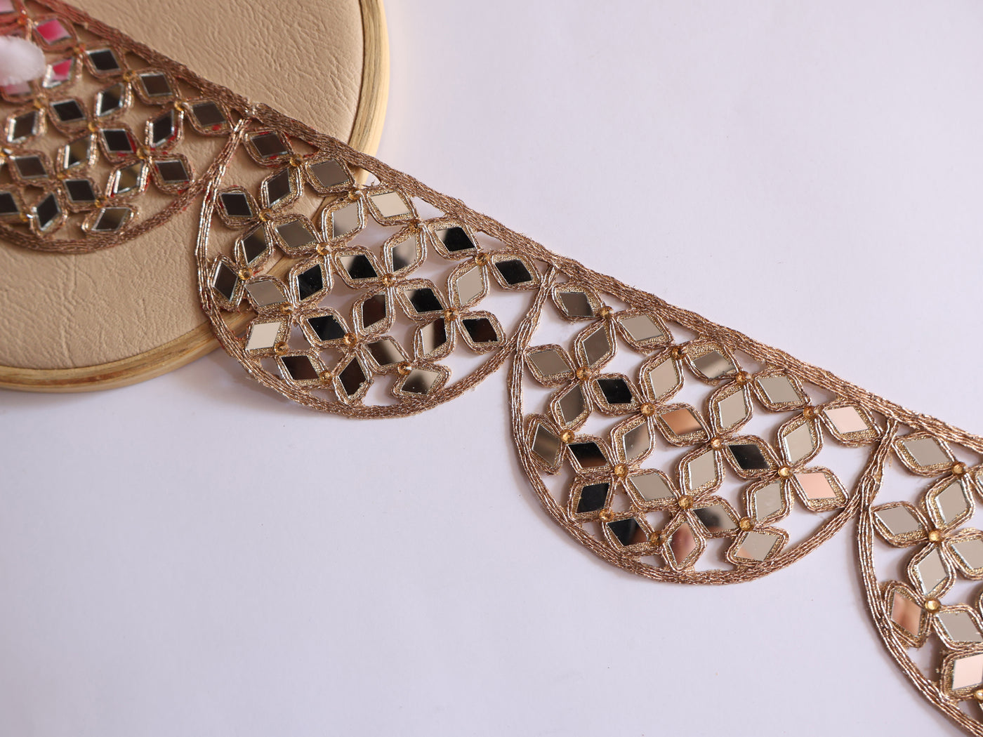 Rose Gold Scalloped Symmetric Cutwork Mirror Trim 7 cm Wide - 1 Yard