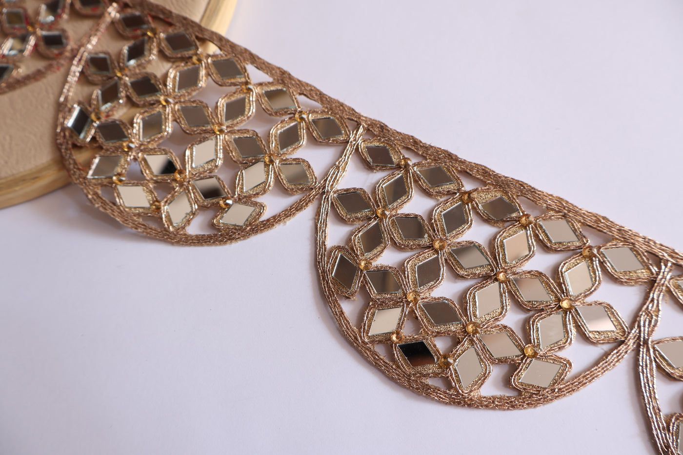 Rose Gold Scalloped Symmetric Cutwork Mirror Trim 7 cm Wide - 1 Yard