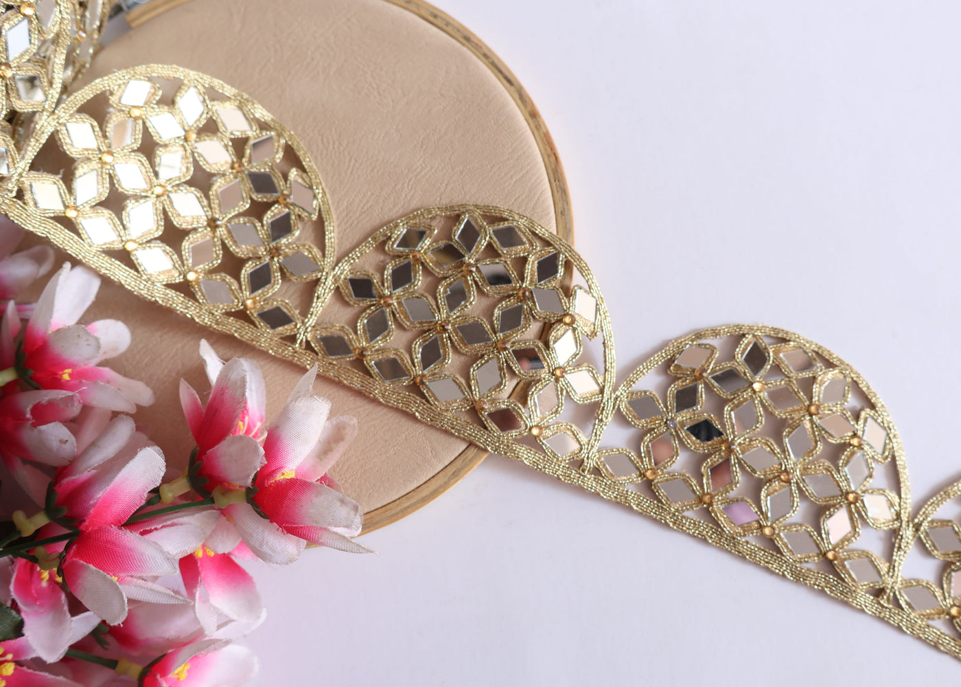 Light Golden Scalloped Designer Mirror Trim 7 cm Wide - 3 Yard