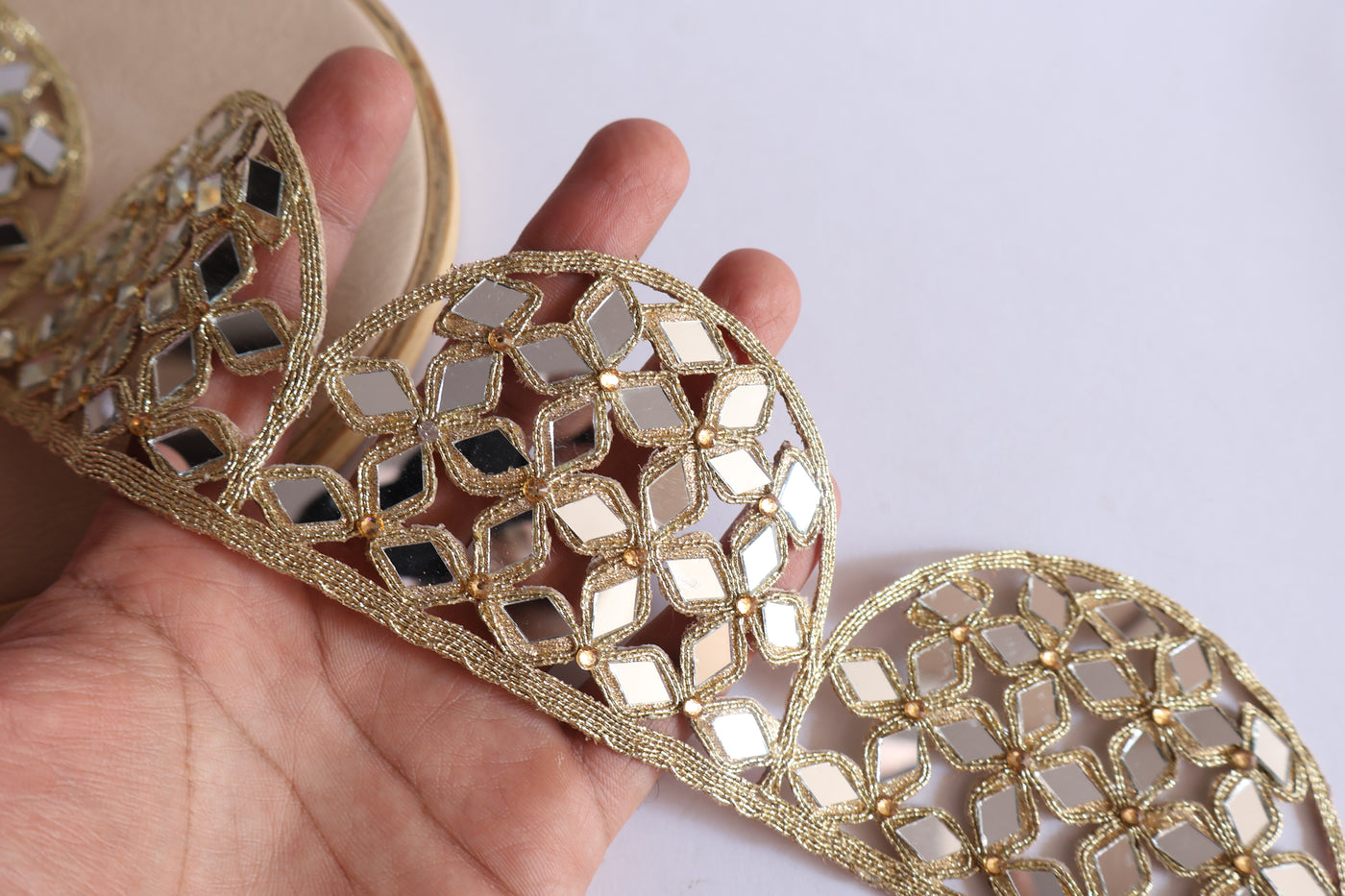 Light Golden Scalloped Designer Mirror Trim 7 cm Wide - 3 Yard