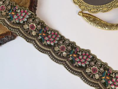 3 Yards- Moss Green Scallop Threadwork Peacock Design Lace