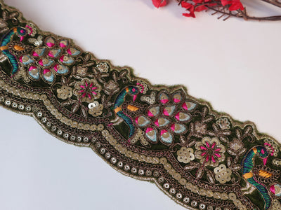 3 Yards- Moss Green Scallop Threadwork Peacock Design Lace