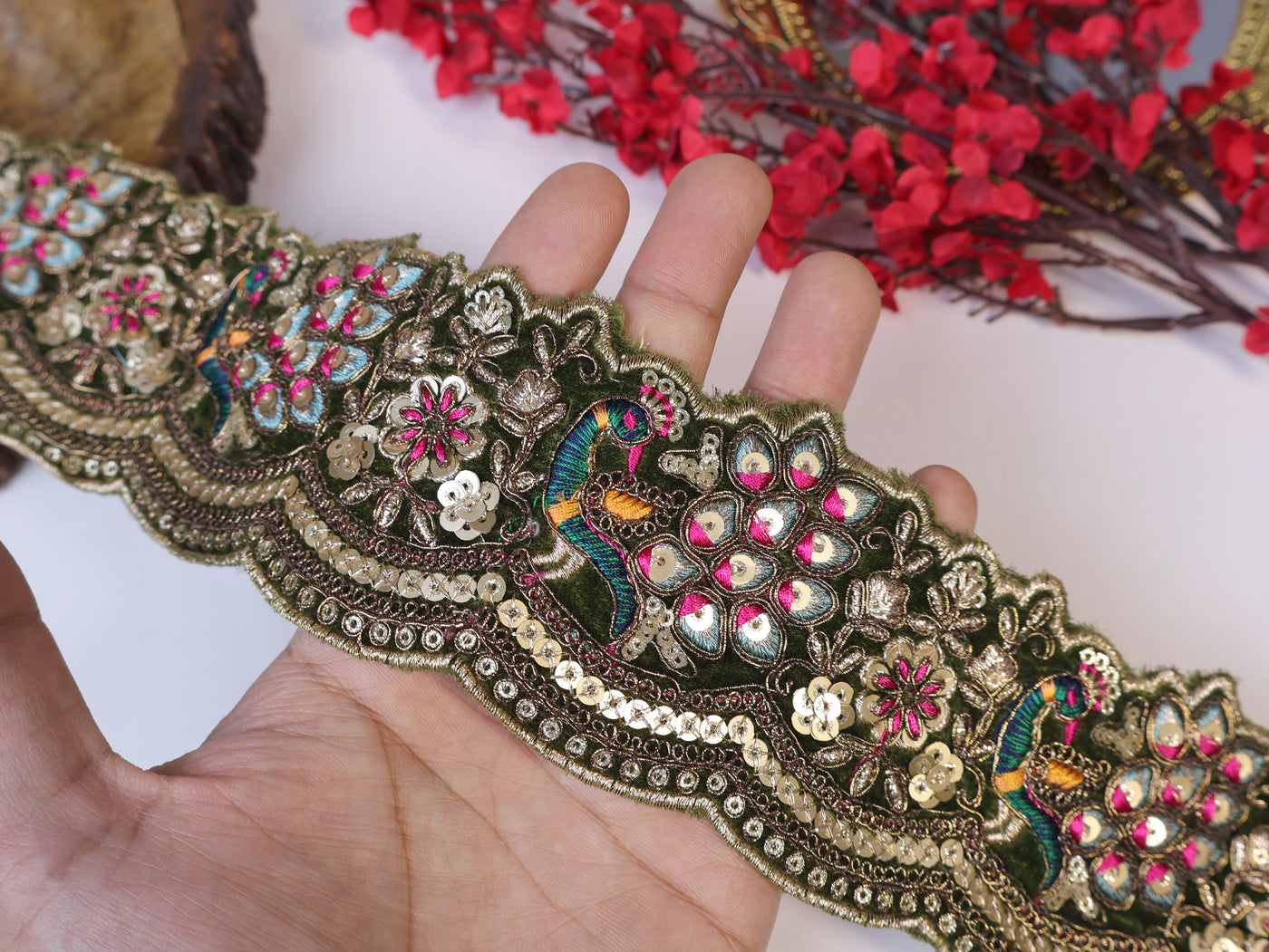 3 Yards- Moss Green Scallop Threadwork Peacock Design Lace