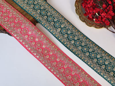 9 Yards - Elegant Gajri Pink/ Green & Golden Sequin Zari Lace