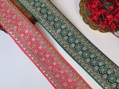 9 Yards - Elegant Gajri Pink/ Green & Golden Sequin Zari Lace