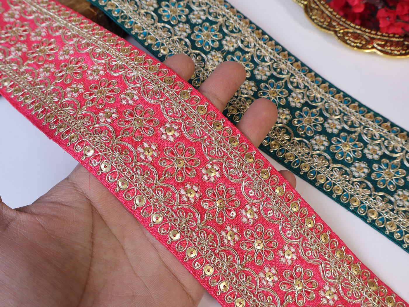 9 Yards - Elegant Gajri Pink/ Green & Golden Sequin Zari Lace
