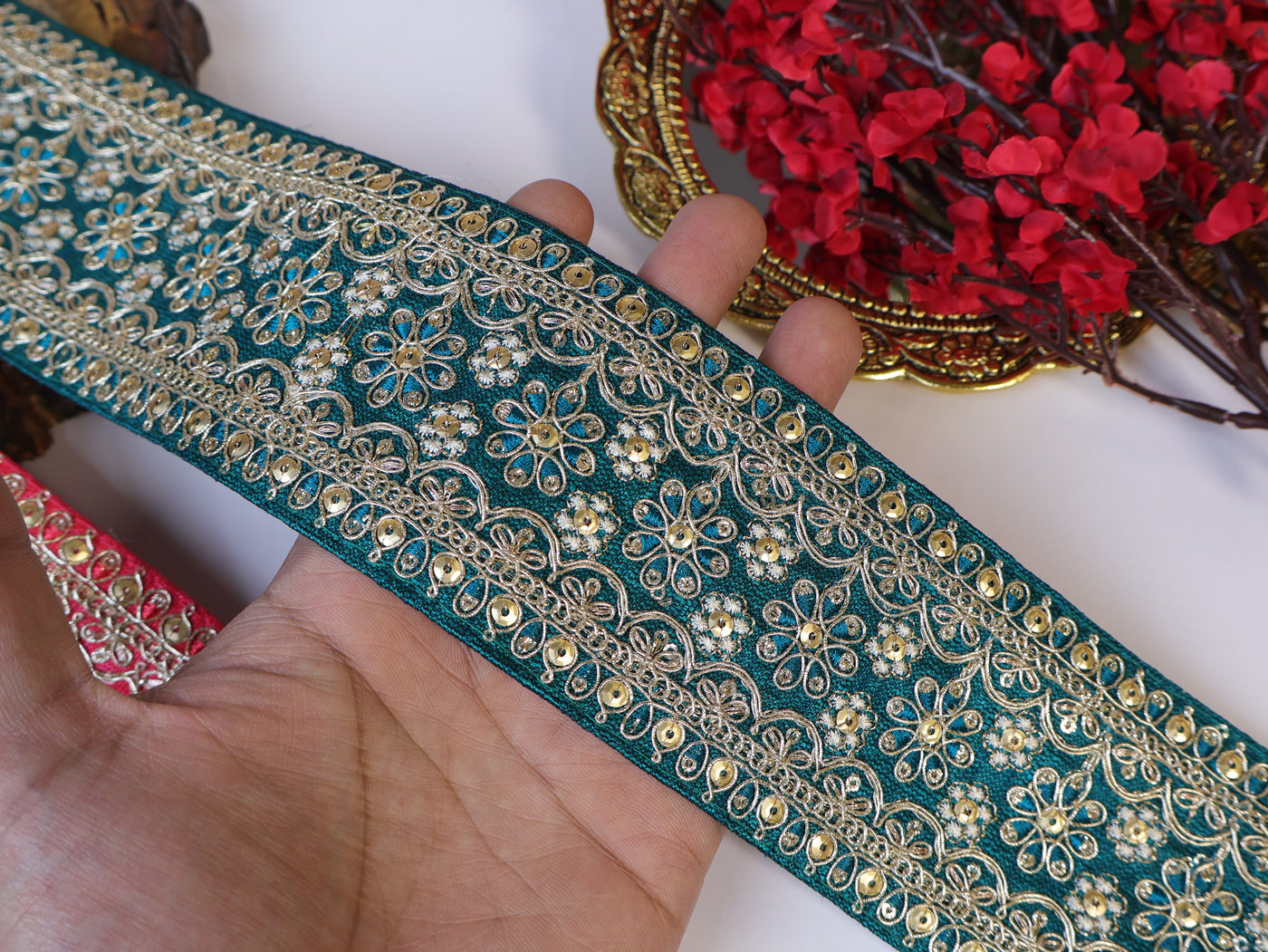 9 Yards - Elegant Gajri Pink/ Green & Golden Sequin Zari Lace