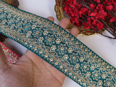 9 Yards - Elegant Gajri Pink/ Green & Golden Sequin Zari Lace