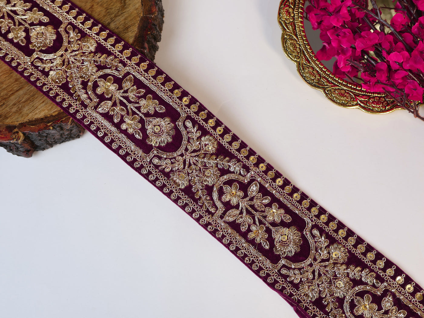 9 Yards - Wine Color Velvet & Antique Golden Zardozi Embroidered Lace
