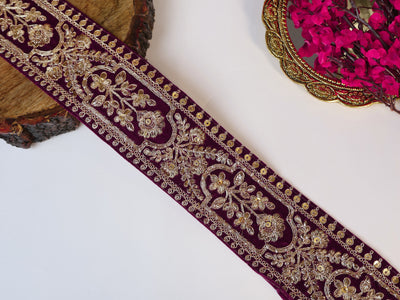 9 Yards - Wine Color Velvet & Antique Golden Zardozi Embroidered Lace