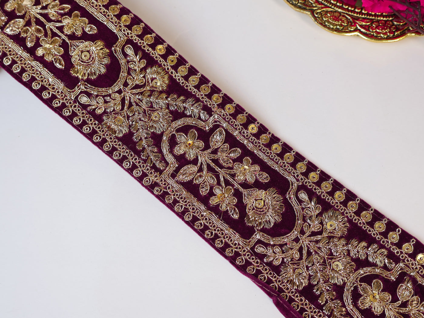 9 Yards - Wine Color Velvet & Antique Golden Zardozi Embroidered Lace