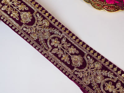 9 Yards - Wine Color Velvet & Antique Golden Zardozi Embroidered Lace