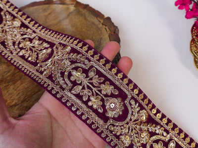 9 Yards - Wine Color Velvet & Antique Golden Zardozi Embroidered Lace