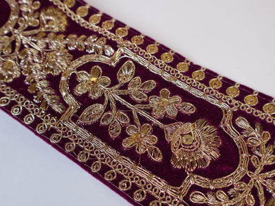 9 Yards - Wine Color Velvet & Antique Golden Zardozi Embroidered Lace