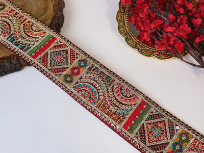 3 Yards - Maroon Red & Multi Color Embroidered Threadwork Lace