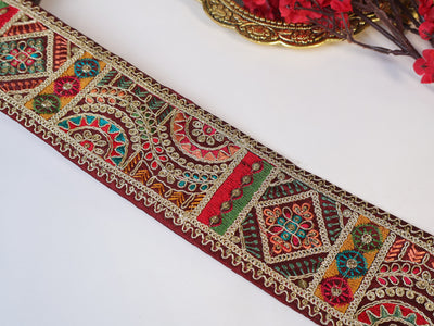 3 Yards - Maroon Red & Multi Color Embroidered Threadwork Lace