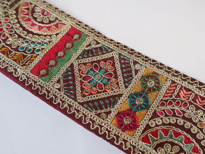 3 Yards - Maroon Red & Multi Color Embroidered Threadwork Lace