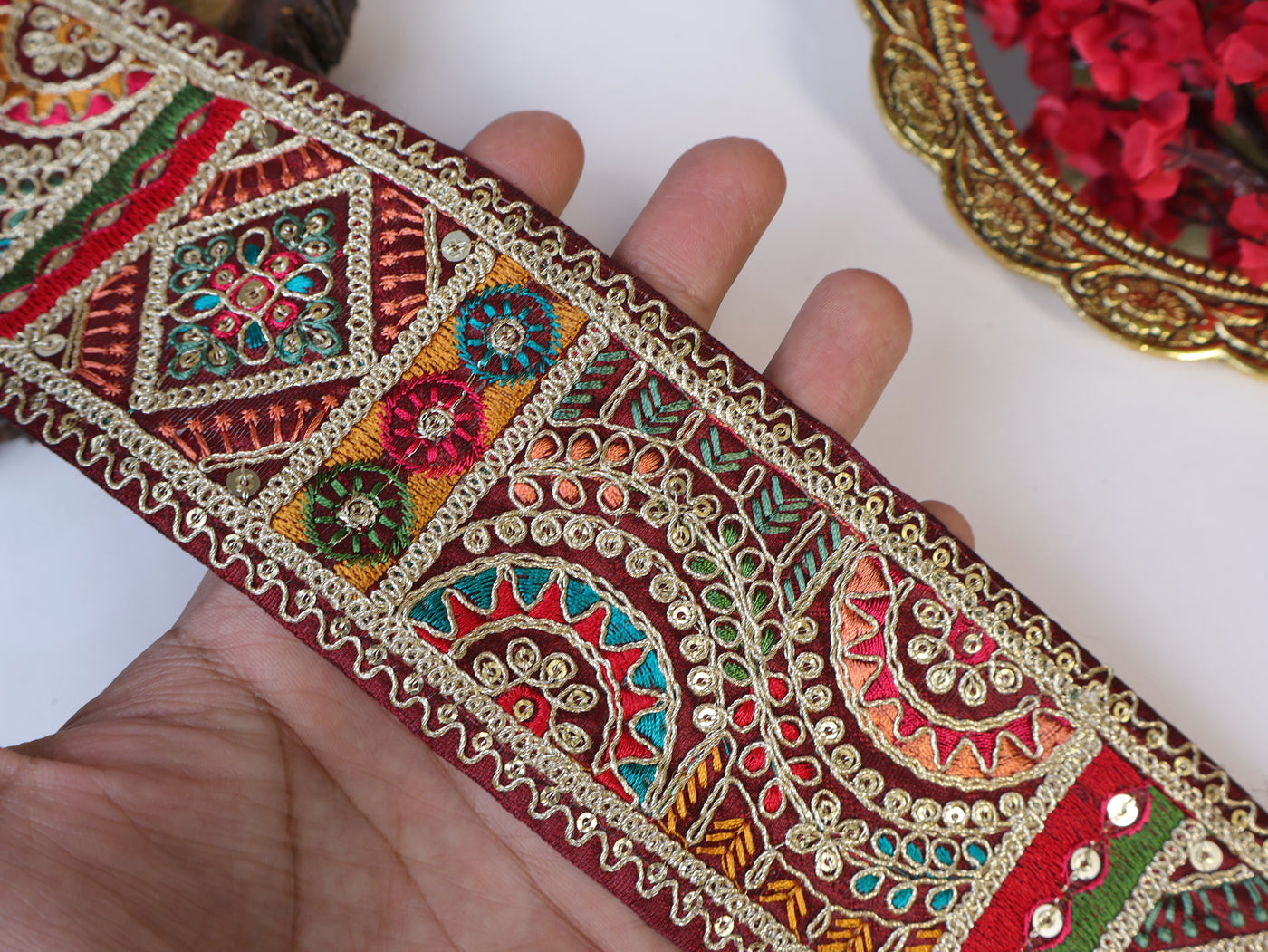 3 Yards - Maroon Red & Multi Color Embroidered Threadwork Lace