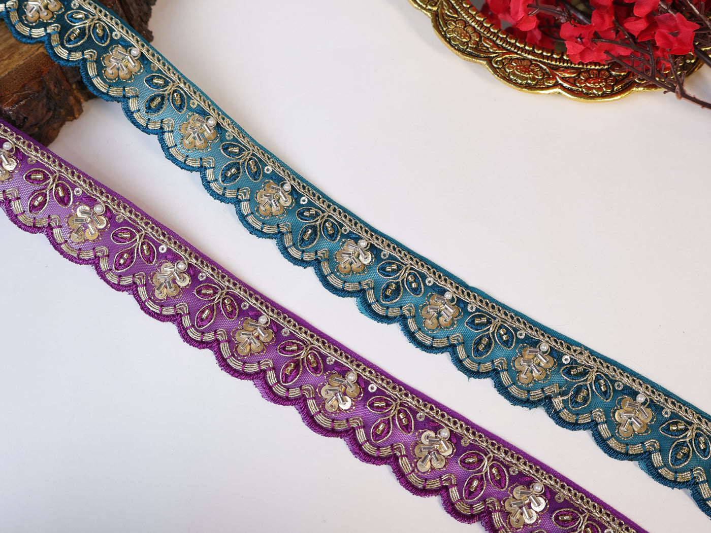 9 Yards - Purple/ Peacock Green Scalloped Beadswork Lace